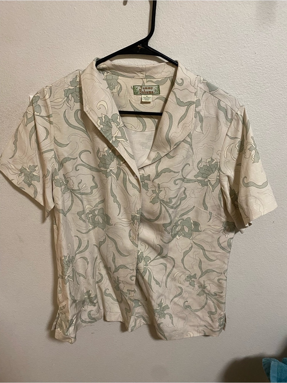 Tommy Bahamas Textured Button-Up Silk Top with Sage Floral Accents Size Medium